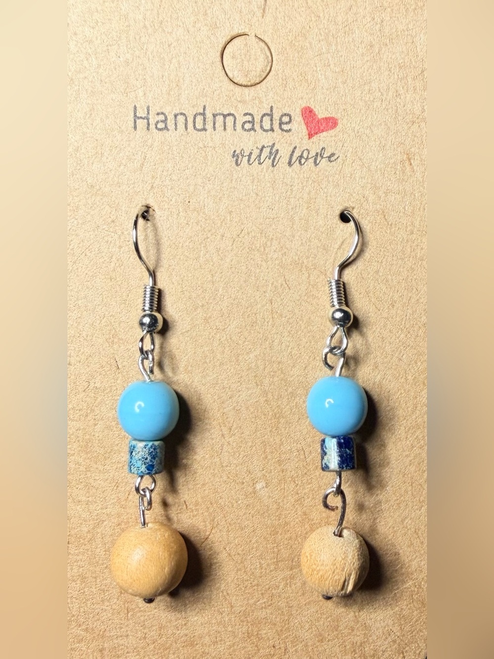 Handmade Blue & Natural Bead Dangle Earrings